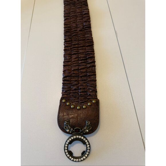 Vintage Belt Brown Distressed Leather Amber And Rhinestone Center Size M Gothic main image 6